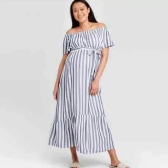 Isabel Maternity Off The Shoulder Striped Maxi Dress Womens Blue White Sz S - Picture 1 of 15